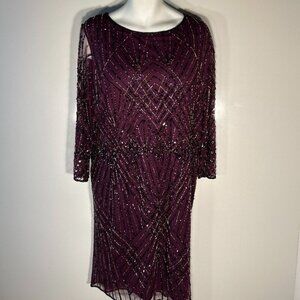 Pisarro Nights SZ 22 Purple Beaded Sheath Midi Dress Cocktail Formal Wedding MOB